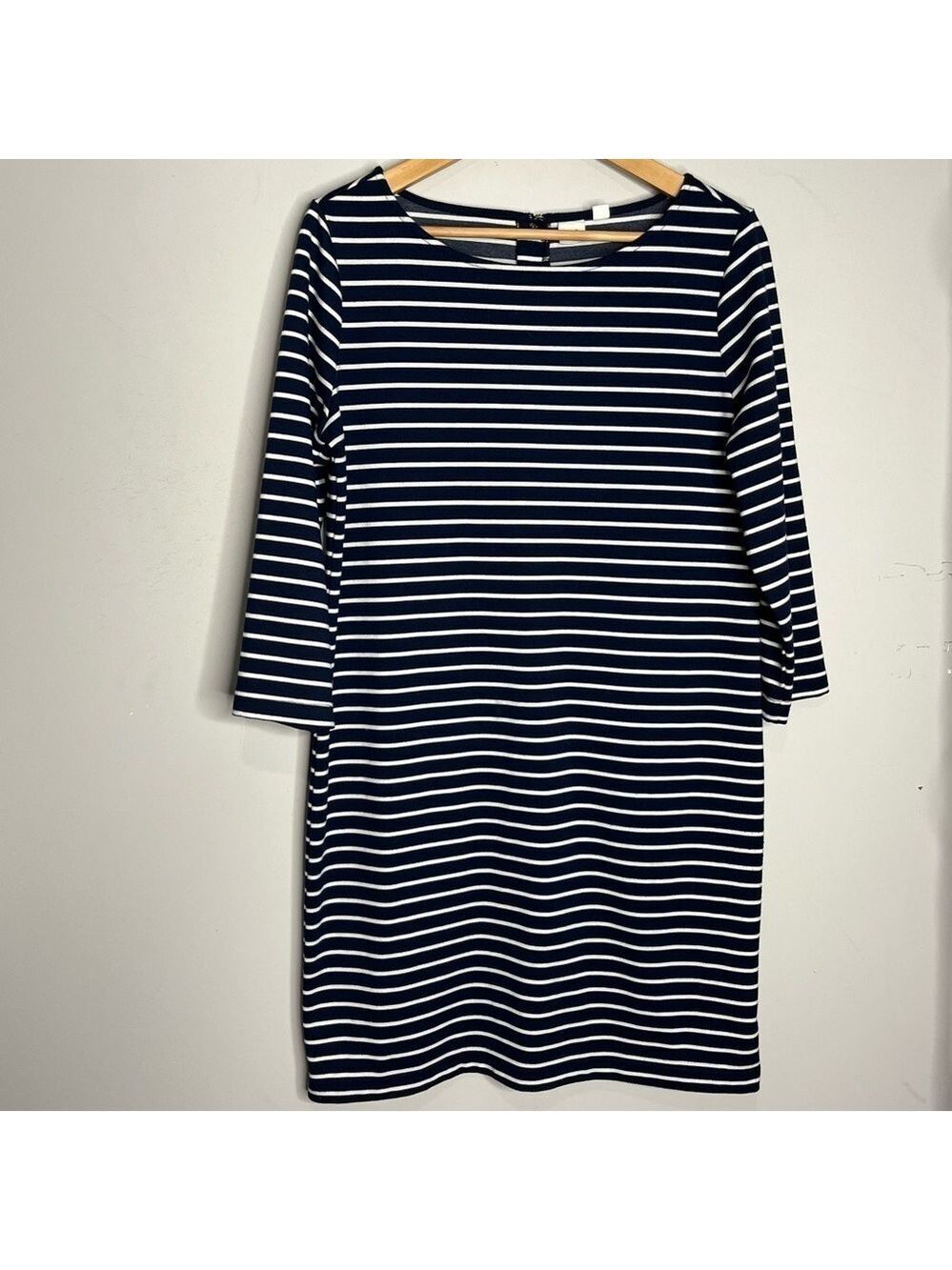 Gap Ponte Knit 3/4 Sleeve Navy & White Nautical Striped Shift Dress, size M - Picture 3 of 12